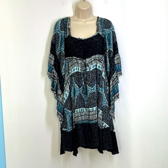 Free People - Heart Of Gold Bohemian Fit & Flare Charcoal & Teal Mini Dress SM - Picture 2 of 12